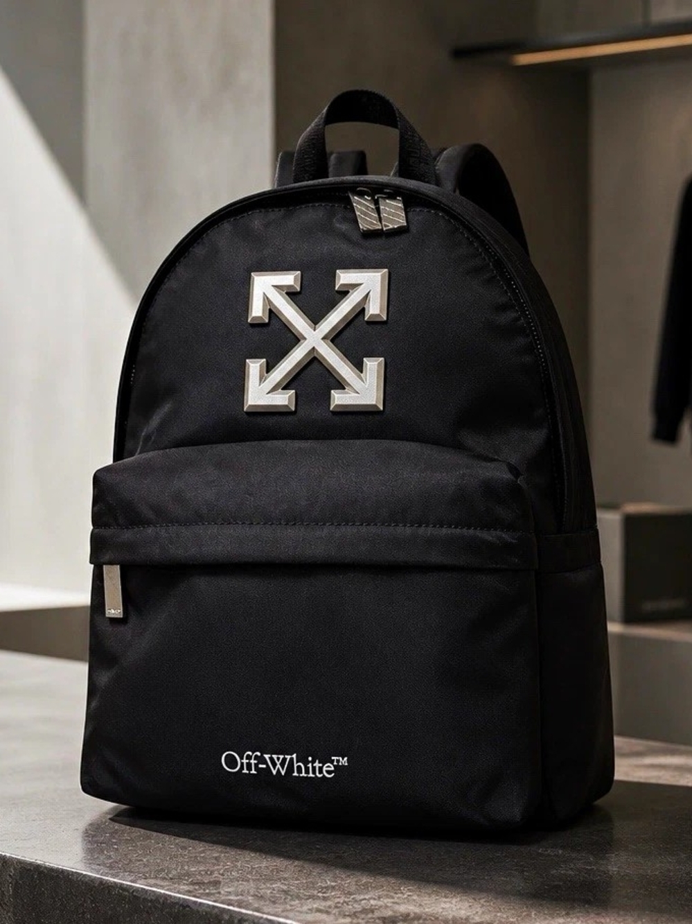 Off-White Black Zip Backpack Men's Solid Pattern Adjustable Strap Travel Casual